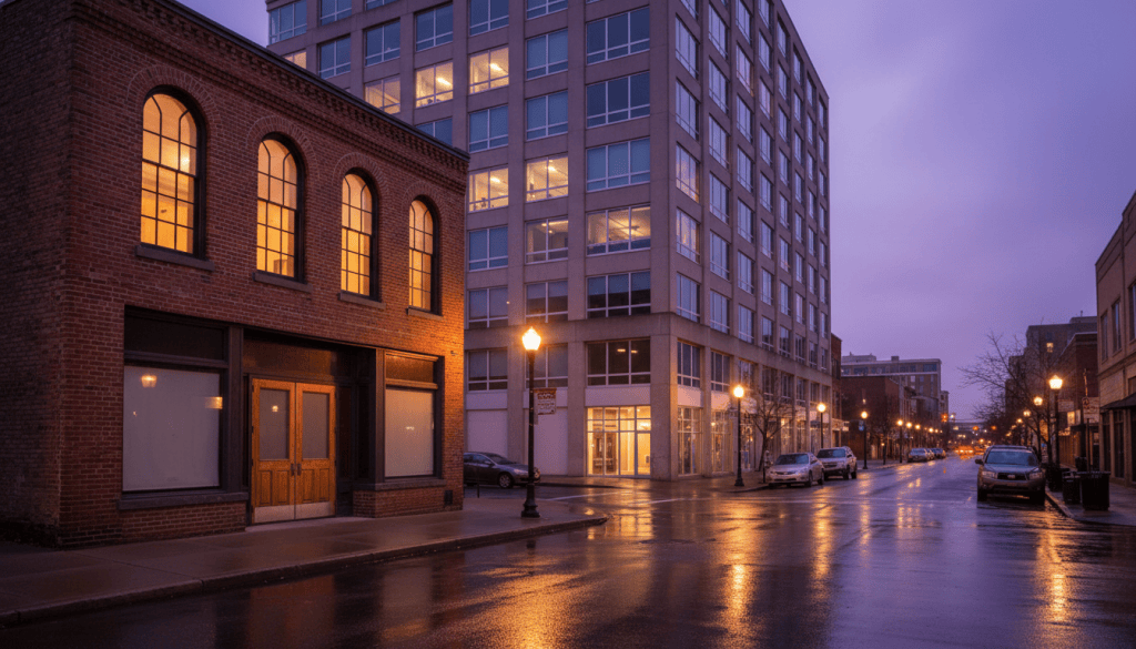 Quiet downtown street at dusk with a small brick music venue beside an office building