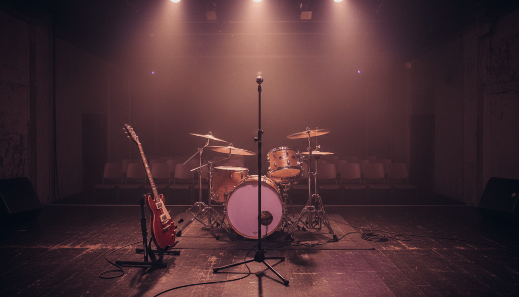 Empty small music venue stage with a microphone, guitar and drum kit under purple and amber lights
