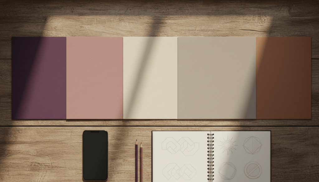 Overhead view of blank colored record sleeves and a sketchbook with simple logo shapes on a wooden table